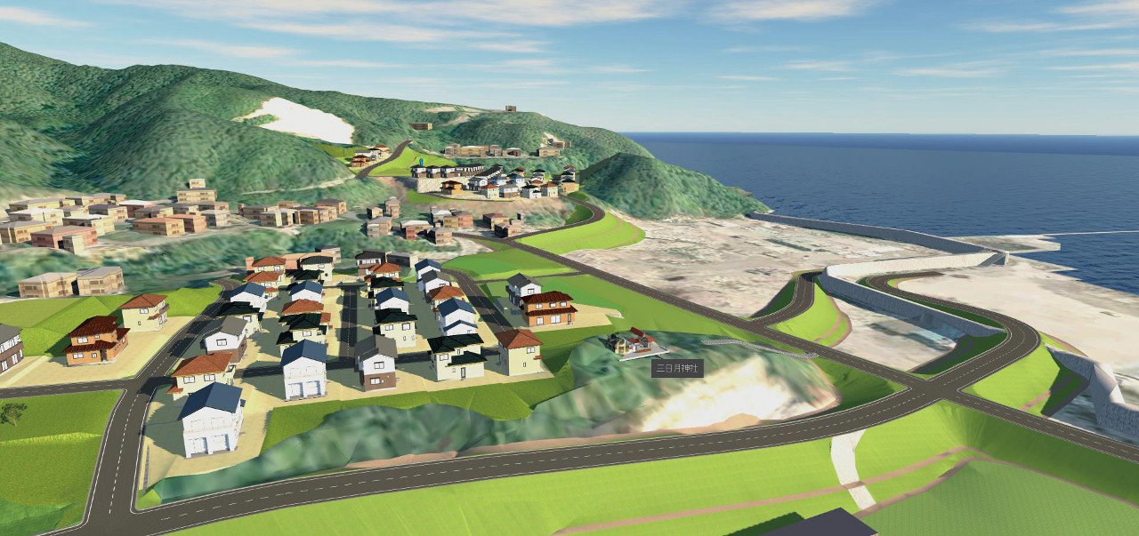 Infraworksで3D化された大槌町の復興イメージ