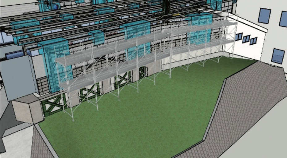 図-3計測データを点群データに変換後、法面の3Dモデルを作成して足場計画モデルと統合 (右)点群から3Dモデル化