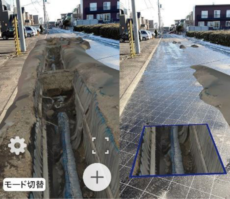 施工後、道路上から埋設管の点群データをiPhoneで“透視”するイメージ